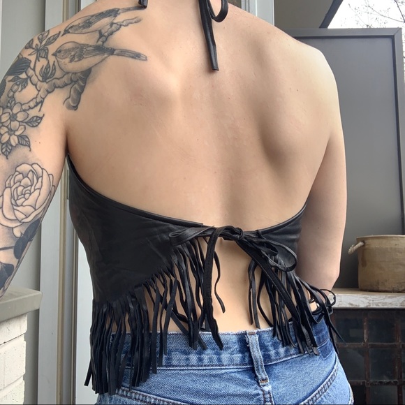 Genuine Black Leather Studded Fringe Halter Vest - Picture 3 of 3
